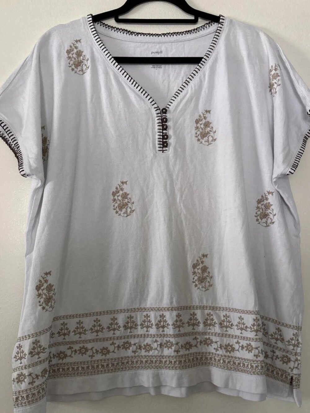 Pure Jill Embroidered Button V-Neck Tee Shirt Large Beige Floral Embellished